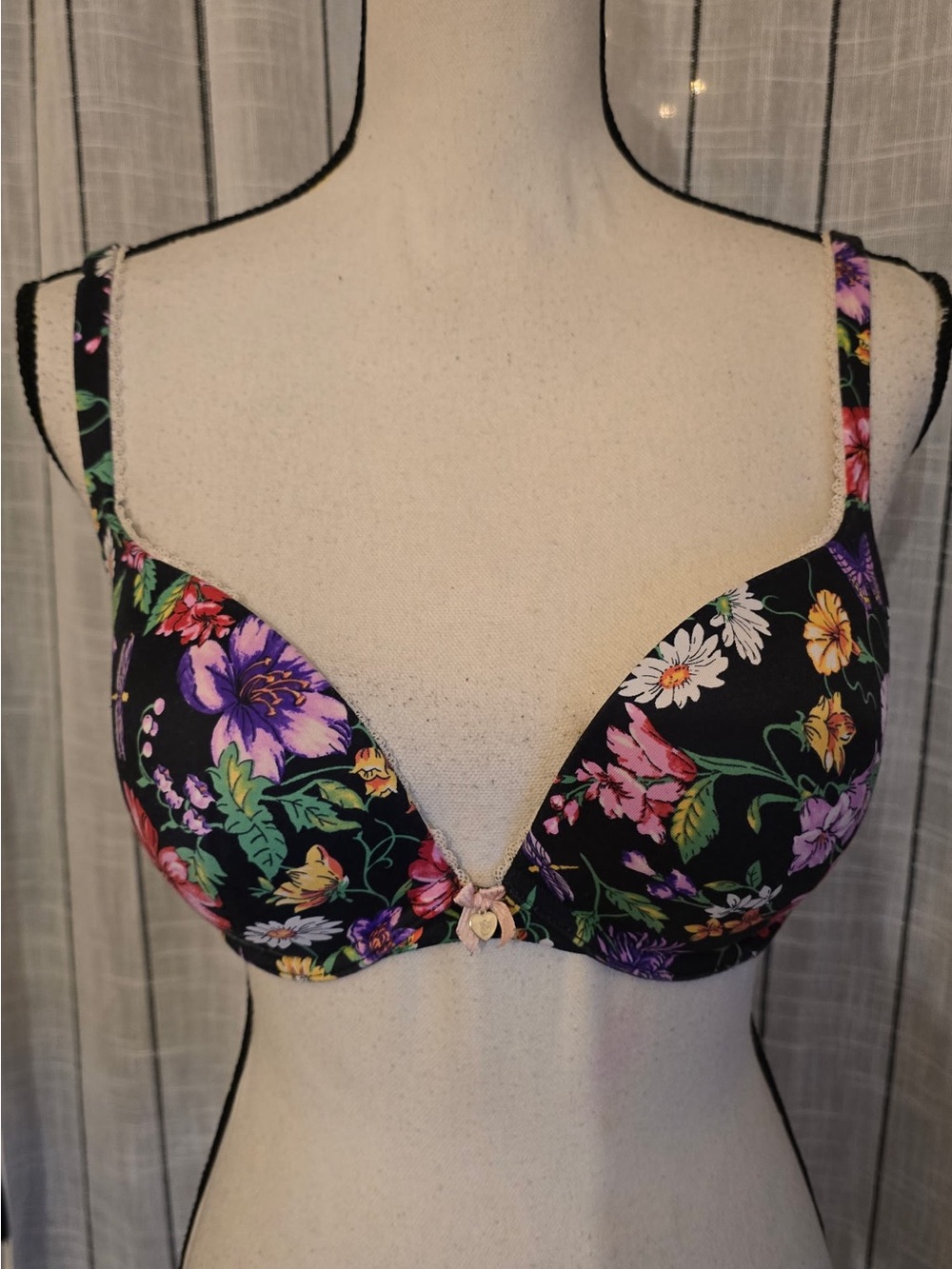 Victoria's Secret Black Floral Push-Up Bra with Purple, Pink & Yellow Blooms
